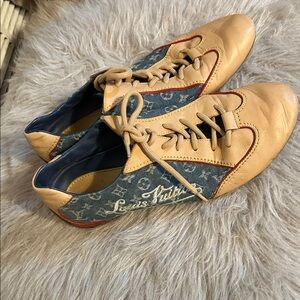 Louis Vuitton Blue Denim & Tan Leather Lace-Up Sneakers with Red Trim
